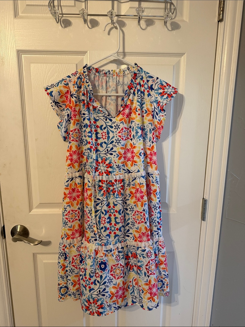 Floral Tiered V-Neck Summer Dress in White, Blue, Pink & Yellow